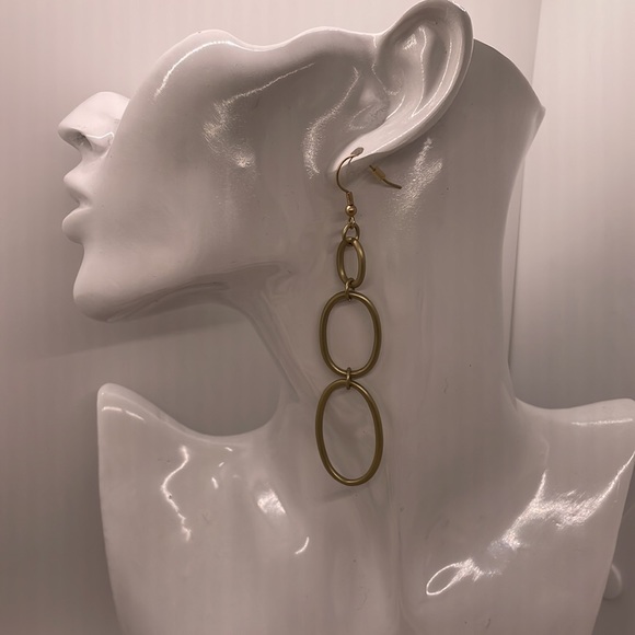 A Brushed or Matte Gold Cascade of 3 Chain Loops Earrings. Full Hang is 4” yay! - Picture 5 of 8